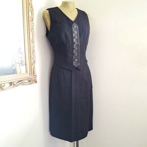 Vintage Alberto Makali Femme Pinstripe Charcoal Gray Wool Vest Skirt Suit Set 8